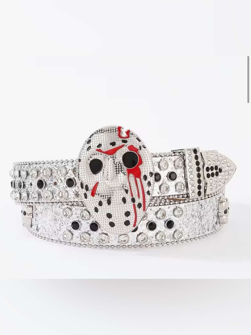 Men's Jason Mask Face Belt Friday 13th Inlaid W Rhinestone Sequin Skull White